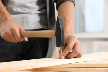 Man hammering nail into wooden plank indoors, closeup