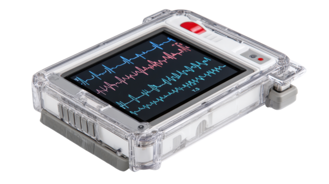 Advanced heart defibrillator with real-time ECG data, isolated on a Transparent background, PNG file.