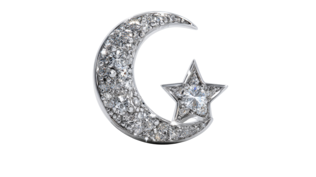 Pendant shaped like a serene moon and star with diamonds, isolated on a Transparent background, PNG file.