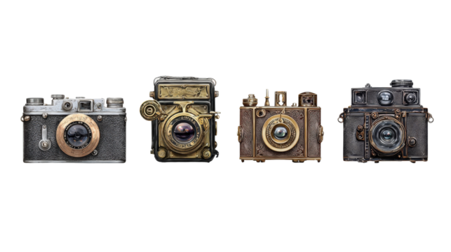 Vintage Cameras: Timeless vintage cameras with intricate details and classic designs, isolated on a Transparent background, PNG file.