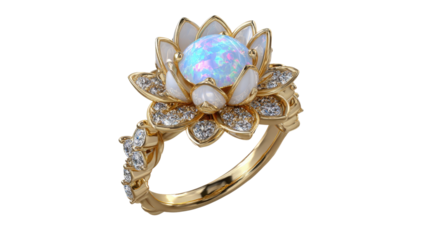Ring designed like a blooming lotus with diamonds and a central opal, isolated on a Transparent background, PNG file.