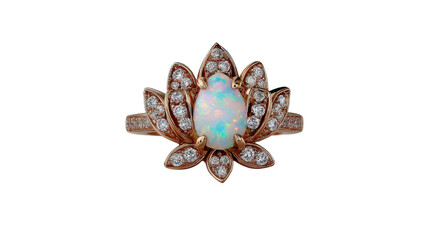 Naklejka premium Ring designed like a blooming lotus with diamonds and a central opal, isolated on a Transparent background, PNG file.