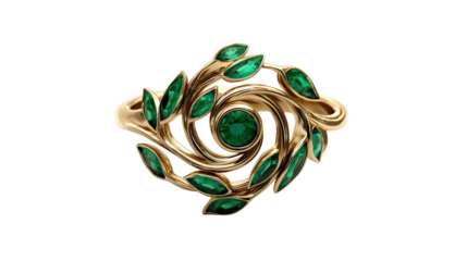 Ring designed like a swirling vortex with emerald leaves, isolated on a Transparent background, PNG file.