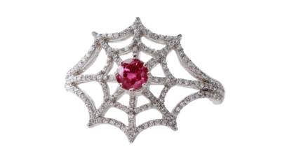 Ring designed to look like a spider's web with diamonds and a ruby at the center, isolated on a Transparent background, PNG file.