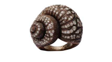 Ring designed to resemble the swirling pattern of a snails shell with diamonds, isolated on a Transparent background, PNG file.