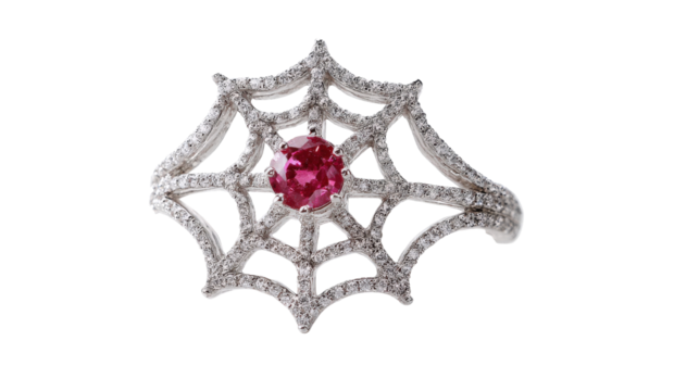 Ring designed to look like a spider's web with diamonds and a ruby at the center, isolated on a Transparent background, PNG file.