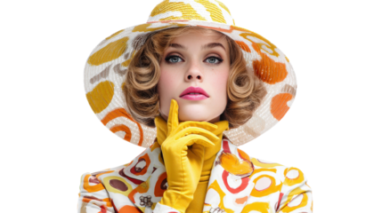 Retro Fashion Photography: Vintage fashion photography of a model wearing bold patterns from the 1960s, isolated on a Transparent background, PNG file.