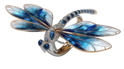 Ring shaped like a dragonfly in flight with diamond and sapphire wings, isolated on a Transparent background, PNG file.