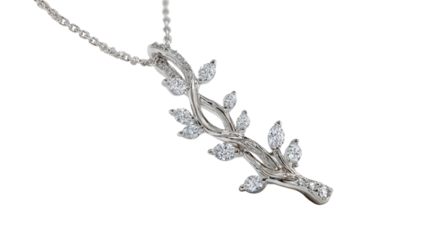 High-fashion pendant shaped like a branch with intertwined diamonds, isolated on a Transparent background, PNG file.