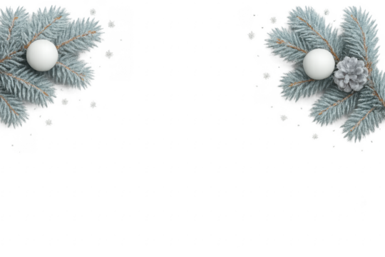 Christmas banner with fir branches, white balls and pine cones falling snowflakes on transparent background