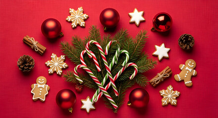 Festive holiday arrangement of Christmas cookies, candy canes, ornaments, pine sprigs, and cinnamon sticks on a vibrant red background, creating a sweet and joyful seasonal celebration theme