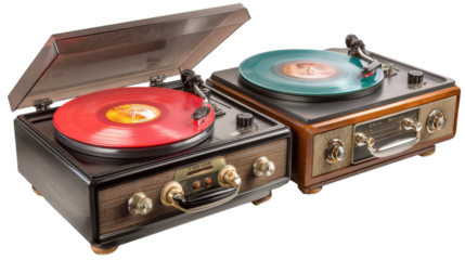 Vintage Record Players: Classic vintage record players with vinyl records spinning, isolated on a Transparent background, PNG file.