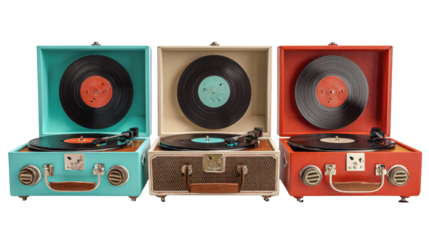 Vintage Record Players: Retro record players with vinyl records spinning and nostalgic vibes, isolated on a Transparent background, PNG file.