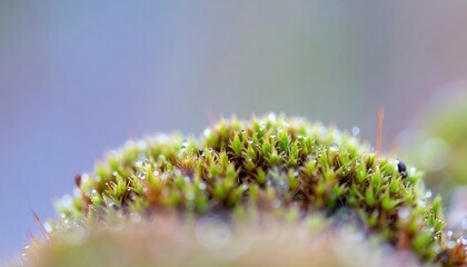 Lush Green Moss Cushion with Dew Drops Macro Photography