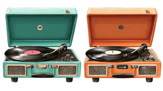 Vintage Record Players: Retro record players with vinyl records spinning and warm colors, isolated on a Transparent background, PNG file.
