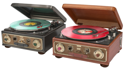 Vintage Record Players: Retro vintage record players with spinning vinyl records and nostalgic charm, isolated on a Transparent background, PNG file.