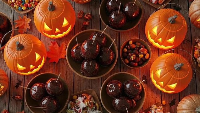 Overhead view of jack o lanterns, candy apples, and assorted candy on a wooden table for autumn holiday. halloween theme