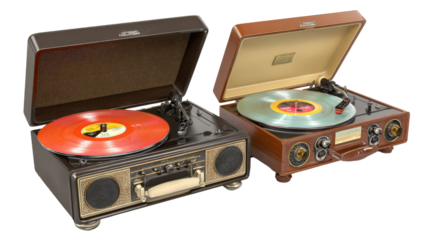 Vintage Record Players: Retro vintage record players with classic vinyl records, isolated on a Transparent background, PNG file.