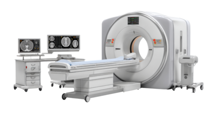 Medical imaging machine with 3D visualization, isolated on a Transparent background, PNG file.