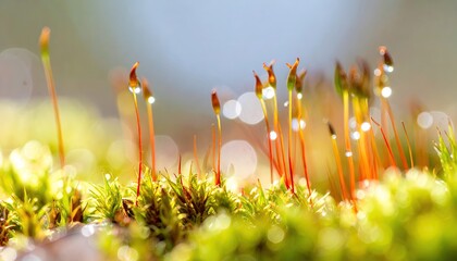 Macro Photography of Lush Green Moss with Dewdrops and Sporophytes