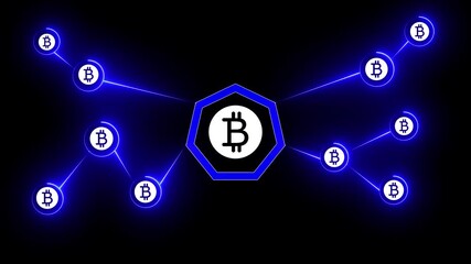Neon blue bitcoin network diagram with central hexagon and radiating nodes on black background cryptocurrency - Powered by Adobe