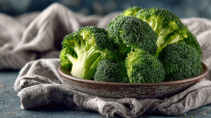Fresh broccoli florets fill a rustic bowl, their bright green crowns contrasting with a textured gray cloth, creating a vibrant, healthy centerpiece for any meal.