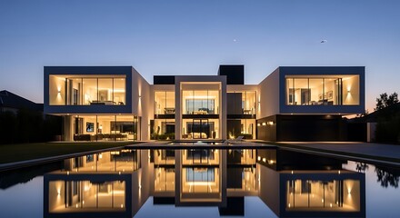 Rumah modern mewah dengan lampu-lampu yang bersinar memantul di kolam renang yang tenang saat senja menciptakan suasana yang indah