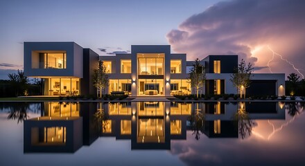 Sambaran petir dramatis di balik rumah mewah modern yang terpantul di kolam renang yang indah saat senja, memberikan daya tarik real estat yang menawan