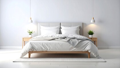 A serene and modern bedroom design showcases a comfortable bed with soft neutral tones and warm lighting.