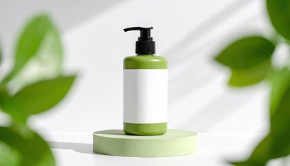 Olive Green Lotion Bottle on Light Green Plinth with Greenery