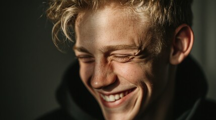 Obraz premium Joyful Expression of a Young Man with Freckles Illuminated by Sunlight