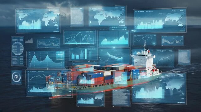 Container ship navigating the ocean with virtual data charts and graphs displayed above, global commerce, shipping efficiency, digital logistics, and the use of smart technology in freight transport. - Powered by Adobe