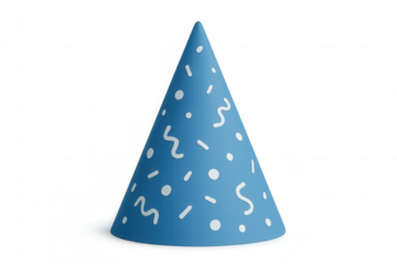 Blue party hat with white squiggles, 3d-rendered on transparent background, highlighting festive birthday accessory