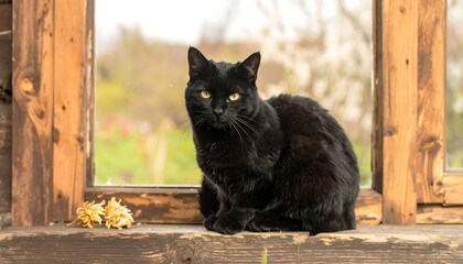 Black cat sits on windowsill, looking out at garden