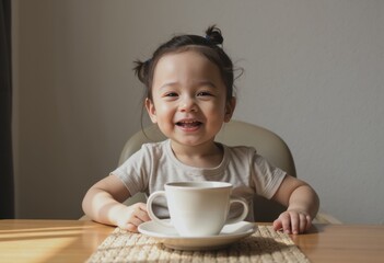 Happy child smiling at the breakfast table with a cup of coffee