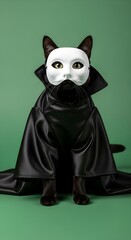 Black cat wearing a white masquerade mask and black cape costume animal