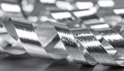 Silver Metallic Ribbon with Reflective Surface and Twirling Curves