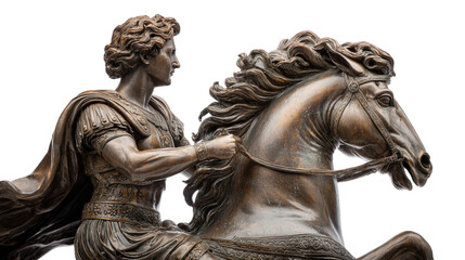 Greek warrior on horseback statue, isolated on a Transparent background, PNG file.