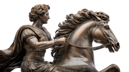 Greek warrior on horseback statue, isolated on a Transparent background, PNG file.