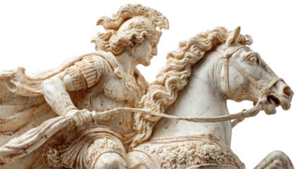 Greek warrior on horseback statue, isolated on a Transparent background, PNG file.