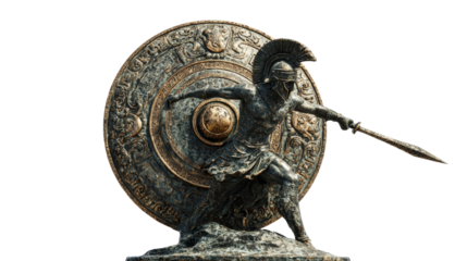 Greek warrior on shield statue, isolated on a Transparent background, PNG file.