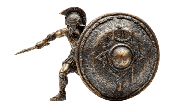 Greek warrior on shield statue, isolated on a Transparent background, PNG file.