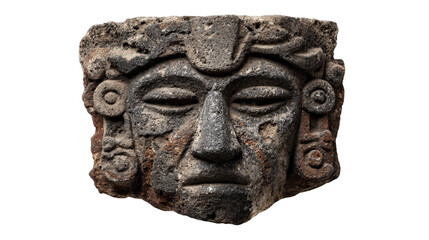 Mayan stone mask statue, isolated on a Transparent background, PNG file.