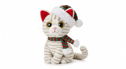 A cute  plush cat toy wearing a festive red and green Santa hat  on a white background.
