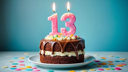 Chocolate Cake with Pink Number 13 Candles on a Blue Background