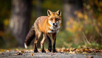 Fototapeta premium Autumnal fox in forest path
