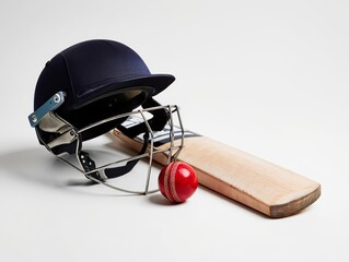 Cricket Equipment Still Life - Helmet, Bat, and Ball on White Background