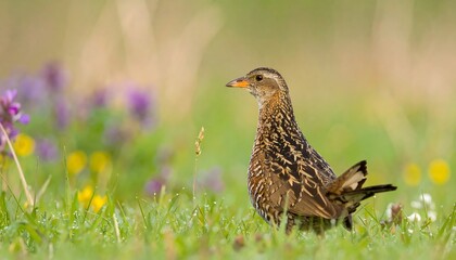 Fototapeta premium A small, speckled bird perches delicately amongst vibrant wildflowers and dewy grass, showcasing a detailed profile.