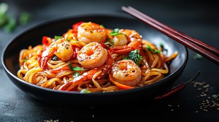 Spicy shrimp noodles in a black bowl