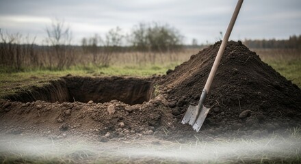 A freshly dug grave with a shovel resting against the mound of dirt in a field under a cloudy sky